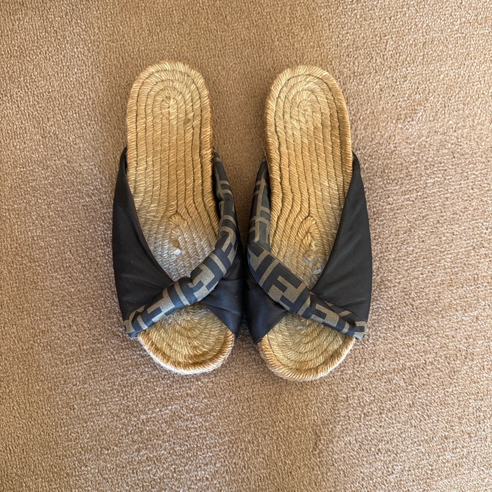 Fendi Woven Espadrille Slide Sandals with Monogram Trim - Black & Natural